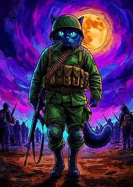 Cat Soldier War Neon Psych Art