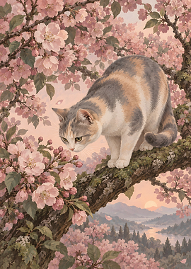 Calico Cat in Cherry Blossom Tree