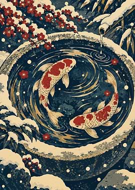 Winter Koi Pond – Japanese Ukiyo-e Inspired Art