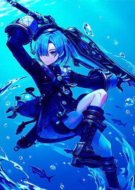 Blue-Haired Anime Warrior Underwater
