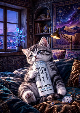Cute Kitten Holding Monster Energy Drink