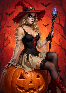 Gothic Witch Sitting on Pumpkin