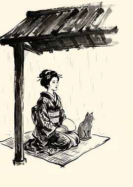 Geisha and Cat in Rain