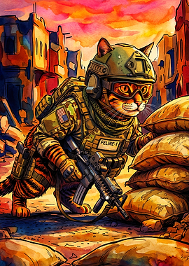 Tactical Cat Soldier Watercolor Art