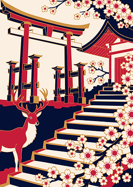 Japanese Shrine with Deer and Sakura