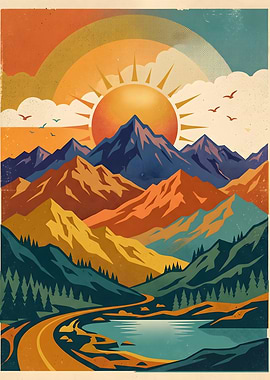 Vintage Retro Mountain Landscape Poster