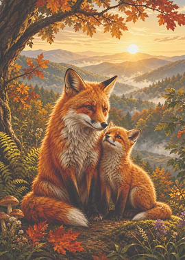 Mother Fox and Kit in Autumn