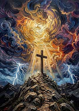 Cross on Mountain Under Stormy Sky