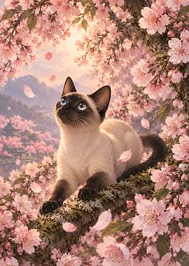 Siamese Cat in Cherry Blossom Tree