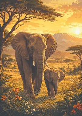 Elephant Mother and Calf at Sunset
