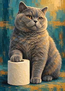 British Shorthair Cat with Toilet Paper