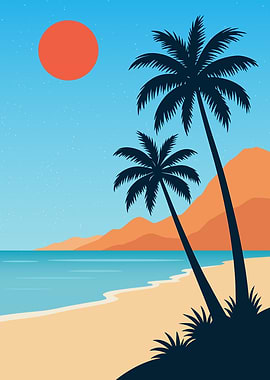 Minimalist Tropical Sunset – Retro Coastal Beach Poster