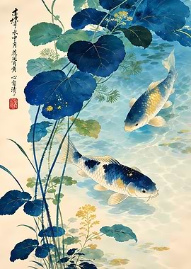 Blue Koi Fish in Pond Painting
