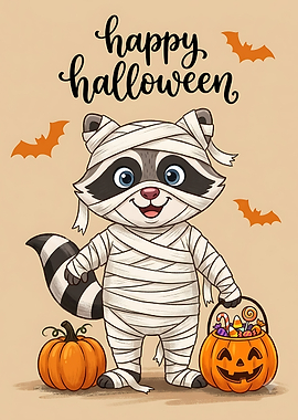 Cute Mummy Raccoon Halloween Illustration