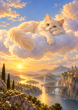 Fluffy Cat Resting on Dreamy Clouds