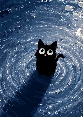 Cute Black Cat in Rain Puddle