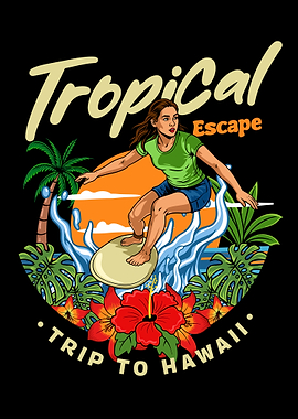 Tropical Hawaii Surfing Adventure Illustration