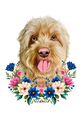 Golden Doodle Dog with Floral Wreath