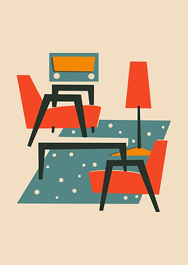 Mid-Century Modern Living Room Illustration