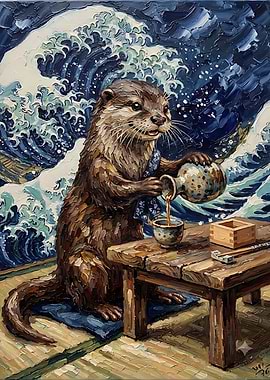 Otter Pouring Sake Before Great Wave