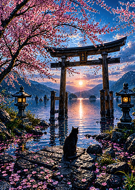 Black Cat at Japanese Torii Gate