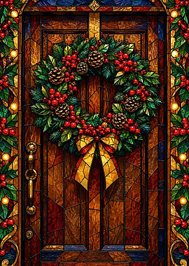 Stained Glass Christmas Wreath Door