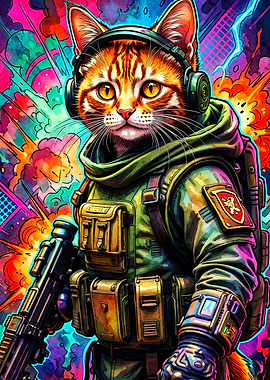 Cat Soldier Cyberpunk Neon Poster