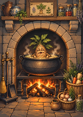 Mandrake Root Relaxing in Cauldron