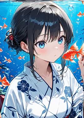 Anime Girl with Goldfish Underwater