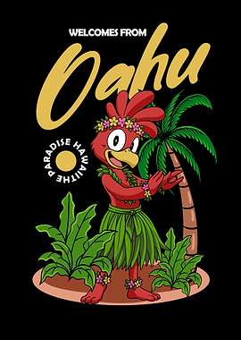 Oahu Hawaii Hula Chicken Illustration