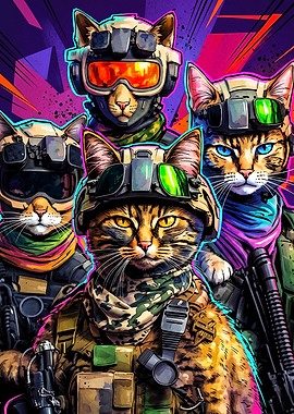 Tactical Cat Squad Neon Cyber Art