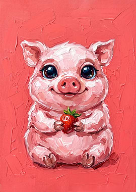Cute Piglet Holding a Strawberry