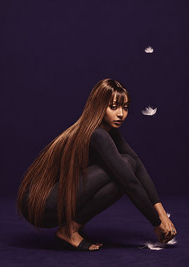 Woman with long hair and feathers