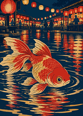 Goldfish Swimming Under Japanese Lanterns