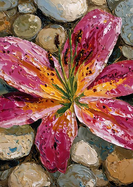 Pink Lily Bloom Among Smooth River Stones
