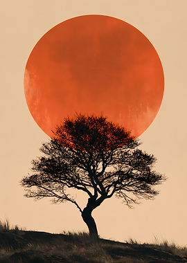 Silhouette Tree Against Giant Red Sun