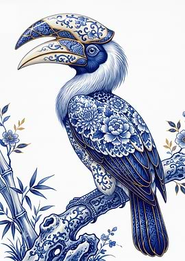 Porcelain Style Hornbill Bird Illustration
