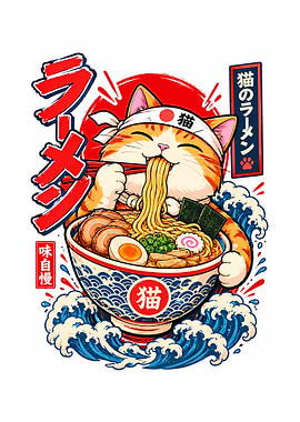 Cute Cat Eating Ramen Illustration