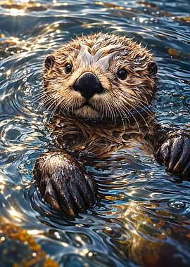Adorable Sea Otter Swimming in Sunlight