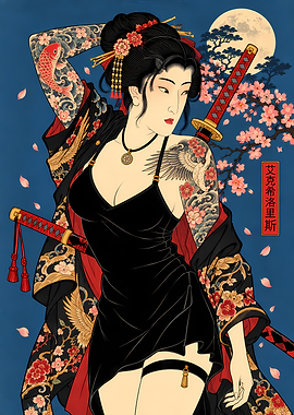 Tattooed Samurai Woman with Katana