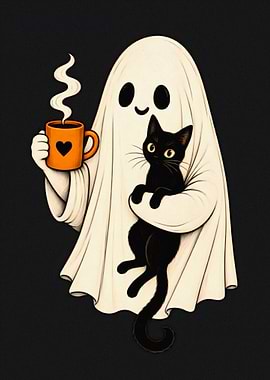 Cute Ghost Holding Cat and Coffee