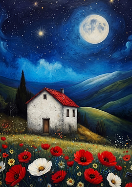 Moonlit House Poppy Field Oil Art