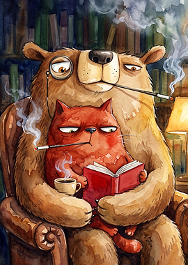 Bear And Cat Reading Watercolor Art