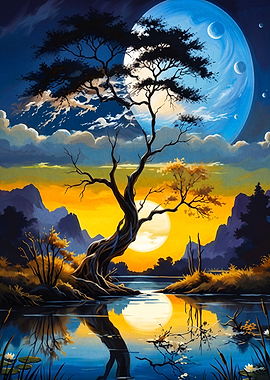 Tree Moon Sunset Fantasy Art