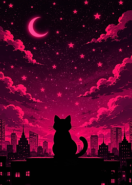 Cat Silhouette Under Pink Night Sky
