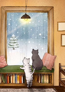 Cats Snow Winter Window Watercolor