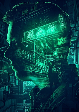 Cyberpunk City Neon Double Exposure