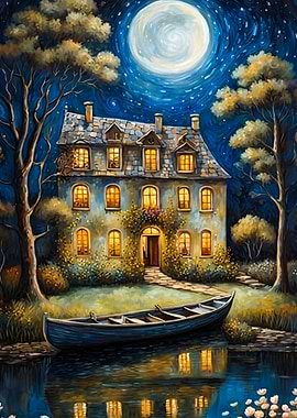 Moonlit House Night River Art Poste