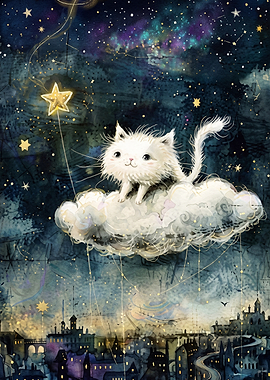 Cat Cloud Starry Night Fantasy Art