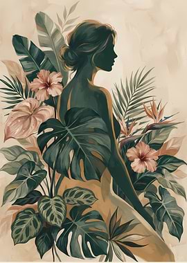 Woman Amidst Tropical Foliage Illustration